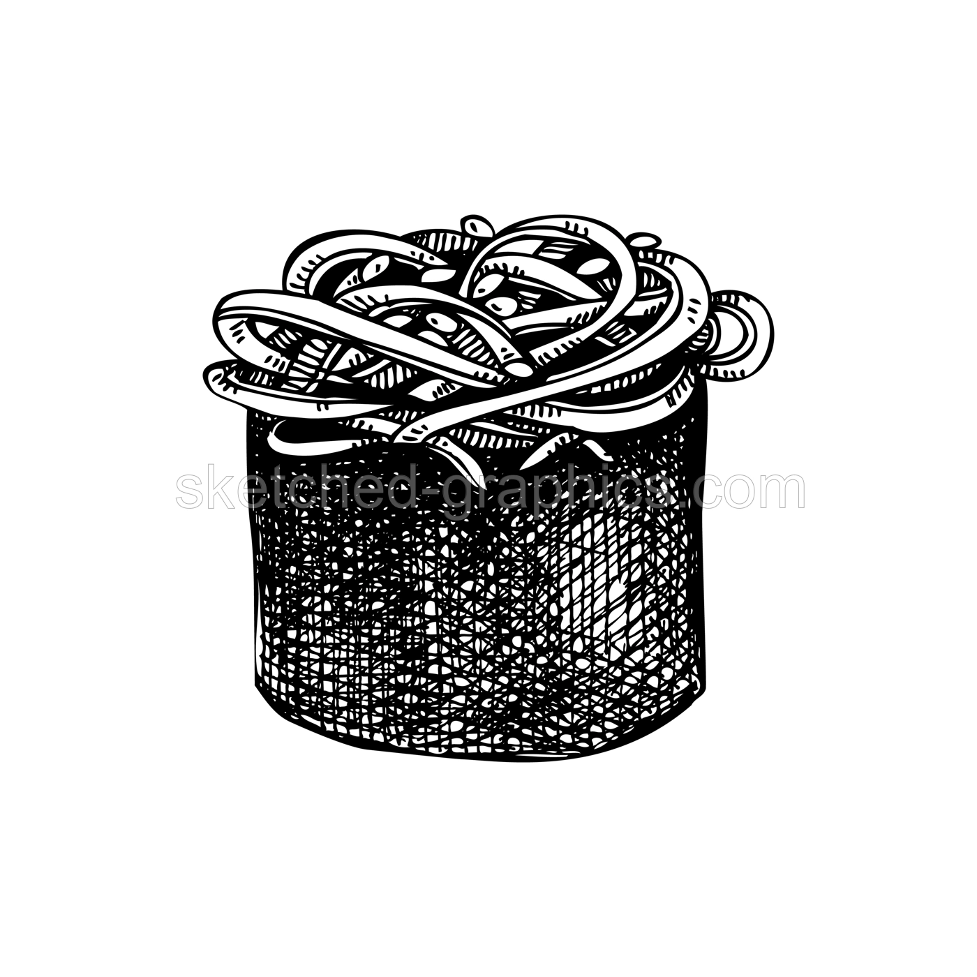 Hand drawn wakame roll on white background. Healthy food vector illustration. Japanese cuisine traditional  meal - wakame sushi with edible seaweeds. Restaurant menu design element.  Illustration